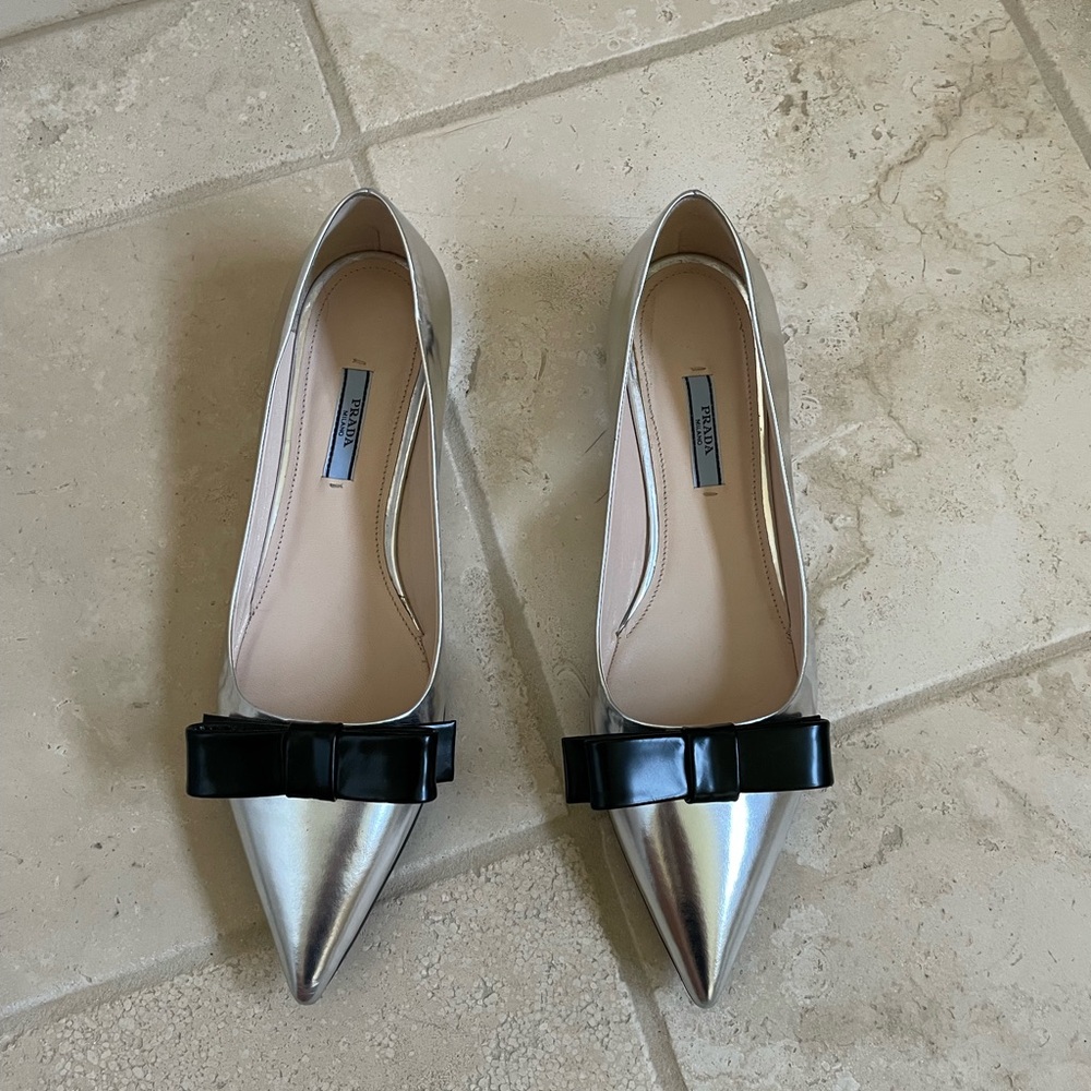 Prada Silver Ballet Flat with Bow